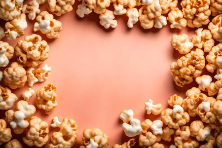 caramel popcorn composition flat lay with free space for copy golden corals backgroundの素材