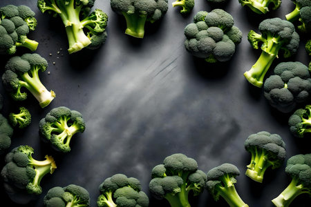 broccoli composition flat lay with free space for copy tinted glass backgroundの素材