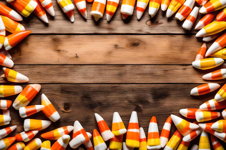 candy corn composition flat lay with free space for copy old wood backgroundの素材