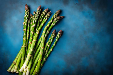 asparagus composition flat lay with free space for copy blue paper backgroundの素材