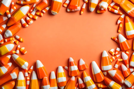 candy corn composition flat lay with free space for copy orange corals backgroundの素材