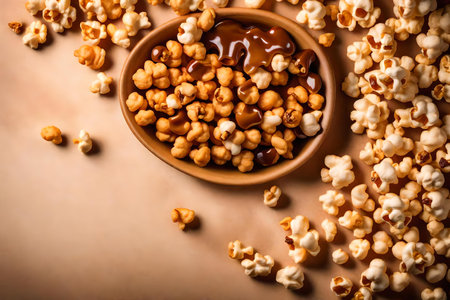 caramel popcorn composition flat lay with free space for copy amber backgroundの素材