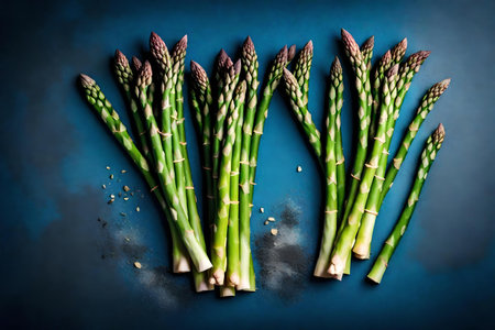 asparagus composition flat lay with free space for copy blue paper backgroundの素材