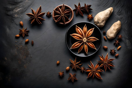 anise composition flat lay with free space for copy rock backgroundの素材