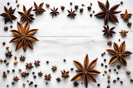anise composition flat lay with free space for copy white wood backgroundの素材