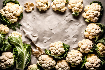 cauliflower composition flat lay with free space for copy crumpled paper backgroundの素材