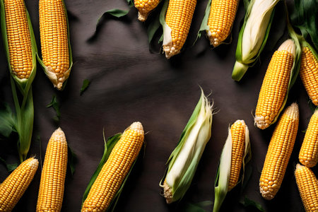 corn composition flat lay with free space for copy velvet fabric backgroundの素材
