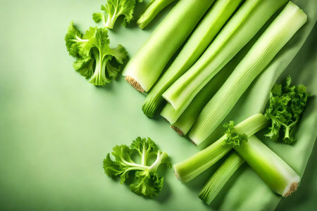 celery composition flat lay with free space for copy chiffon fabric backgroundの素材