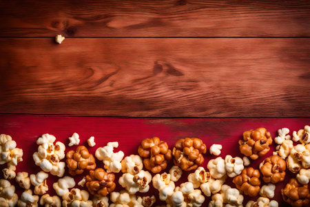 caramel popcorn composition flat lay with free space for copy red wood backgroundの素材