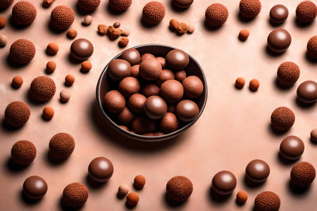 chocolate malt balls composition flat lay with free space for copy stony corals backgroundの素材