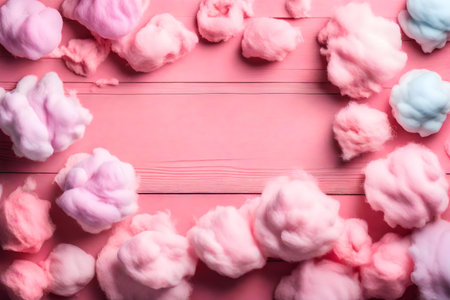 cotton candy composition flat lay with free space for copy pink wood backgroundの素材
