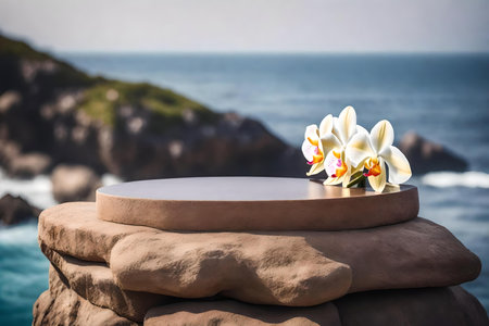 cubic brown stone cosmetic podium scenery with orchid by the sea hyperrealistic materialsの素材