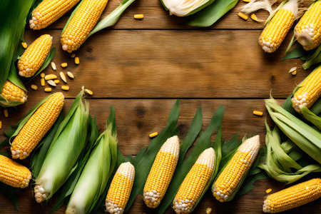 corn composition flat lay with free space for copy green wood backgroundの素材
