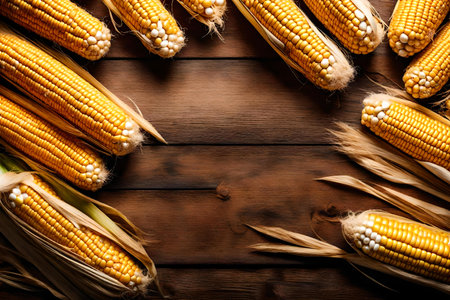 corn composition flat lay with free space for copy wool backgroundの素材
