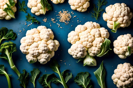 cauliflower composition flat lay with free space for copy azurite backgroundの素材