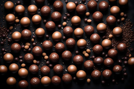 chocolate malt balls composition flat lay with free space for copy black crystal backgroundの素材
