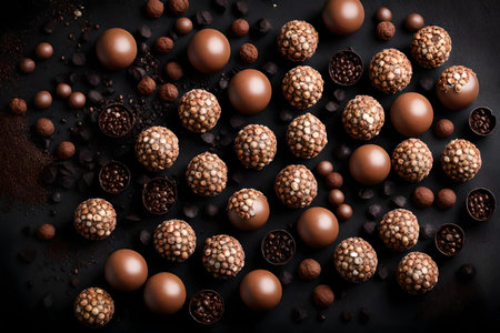 chocolate malt balls composition flat lay with free space for copy black crystal backgroundの素材