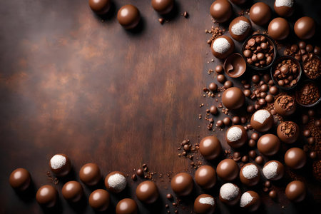 chocolate malt balls composition flat lay with free space for copy diamond backgroundの素材