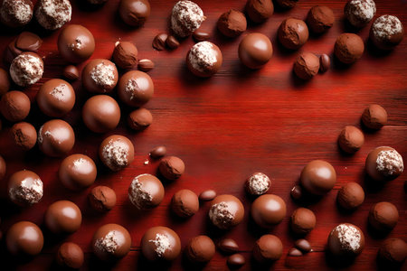 chocolate malt balls composition flat lay with free space for copy red wood backgroundの素材