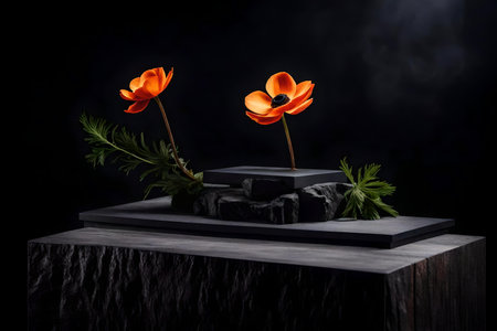 cubic black wood stone podium composition with anemone flower in the photo studio hyperrealistic materialsの素材