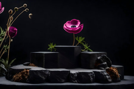 cubic black wood rock podium composition with anemone flower in the photo studio hyperrealistic materialsの素材