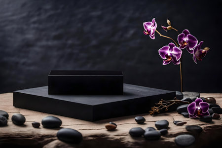 cubic black wood stone cosmetic podium background with dried orchid by the sea hyperrealistic materialsの素材