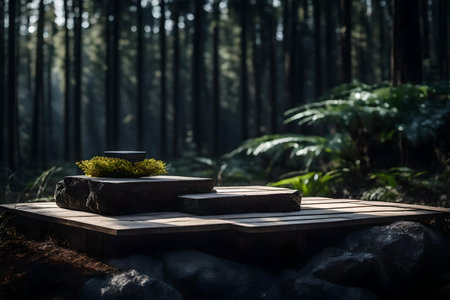 cubic black wooden cosmetic podium scenery with stone in the forest hyperrealistic materialsの素材