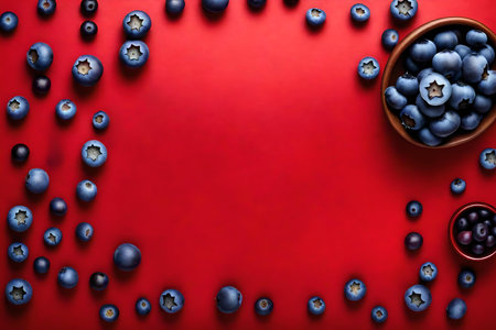 blueberries composition flat lay with free space for copy, red paper backgroundの素材