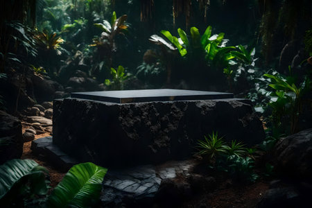 cubic black rock podium background with crystal in the tropical forest hyperrealistic materialsの素材