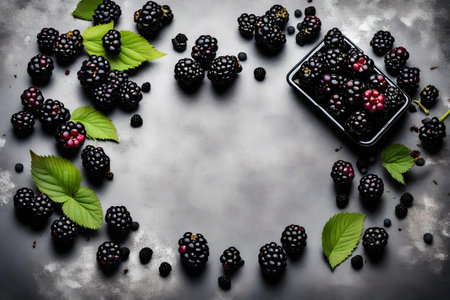 blackberry composition flat lay with free space for copy concrete backgroundの素材