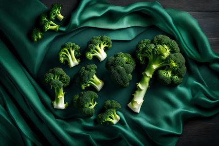 broccoli composition flat lay with free space for copy satin fabric backgroundの素材