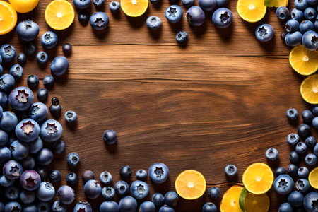 blueberries composition flat lay with free space for copy yellow wood backgroundの素材