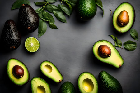 avocado composition flat lay with free space for copy glass backgroundの素材