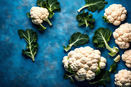 cauliflower composition flat lay with free space for copy blue corals backgroundの素材