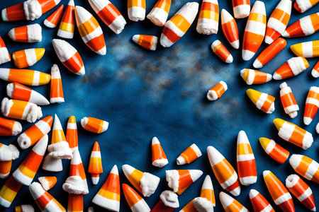 candy corn composition flat lay with free space for copy blue corals backgroundの素材