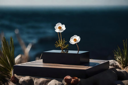 cubic black wood wooden cosmetic podium composition with anemone flower by the sea hyperrealistic materialsの素材