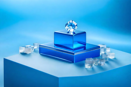 cubic blue plastic cosmetic podium composition with quartz by the sea hyperrealistic materialsの素材