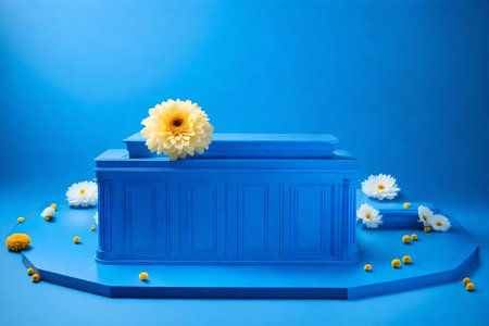 cubic blue plastic podium background with chrysanthemum in the photo studio hyperrealistic materialsの素材