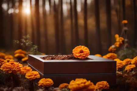 cubic brown plastic cosmetic podium composition with dried marigold flower in the forest hyperrealistic materialsの素材