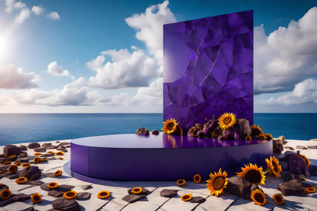 cubic purple stone podium background with dried sunflowers by the wavy ocean hyperrealistic materialsの素材