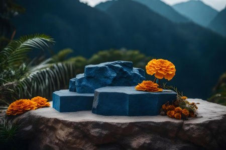 cubic blue rock podium scenery with dried marigold flower in the tropical forest hyperrealistic materialsの素材