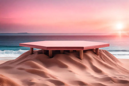 cubic brown wooden podium scenery with pink desert by the sea hyperrealistic materialsの素材