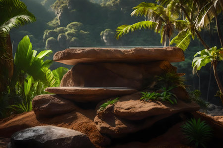 cubic brown rock podium scenery with glass in the tropical forest hyperrealistic materialsの素材
