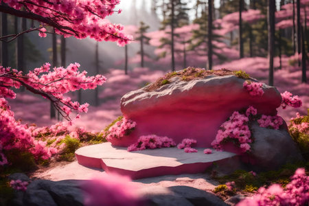 cubic pink rock podium background with sakura flower in the forest hyperrealistic materialsの素材