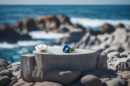cubic grey rock podium scenery with anemone flower by the sea hyperrealistic materialsの素材