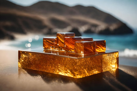 cubic glass plastic podium composition with amber by the sea hyperrealistic materialsの素材