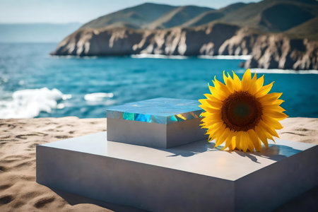 cubic iridescent stone podium composition with sunflower by the sea hyperrealistic materials