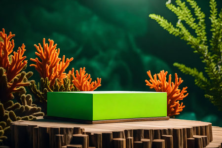 cubic green wooden podium background with orange corals in the photo studio hyperrealistic materialsの素材