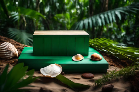 cubic green wooden cosmetic podium background with seashell in the tropical forest hyperrealistic materialsの素材