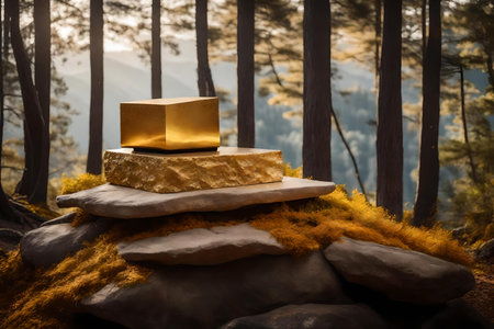 cubic golden stone cosmetic podium background with rock in the forest hyperrealistic materialsの素材